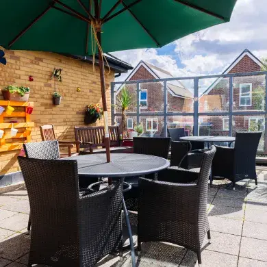 Outdoor seating at Windmill Manor care home